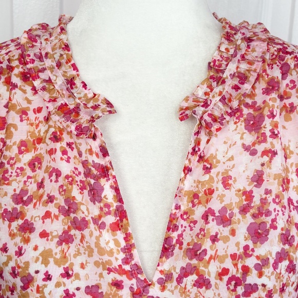 J. Crew Pink Floral Dainty Ruffle V-Neck Long Sleeve Blouse Medium - Picture 3 of 16